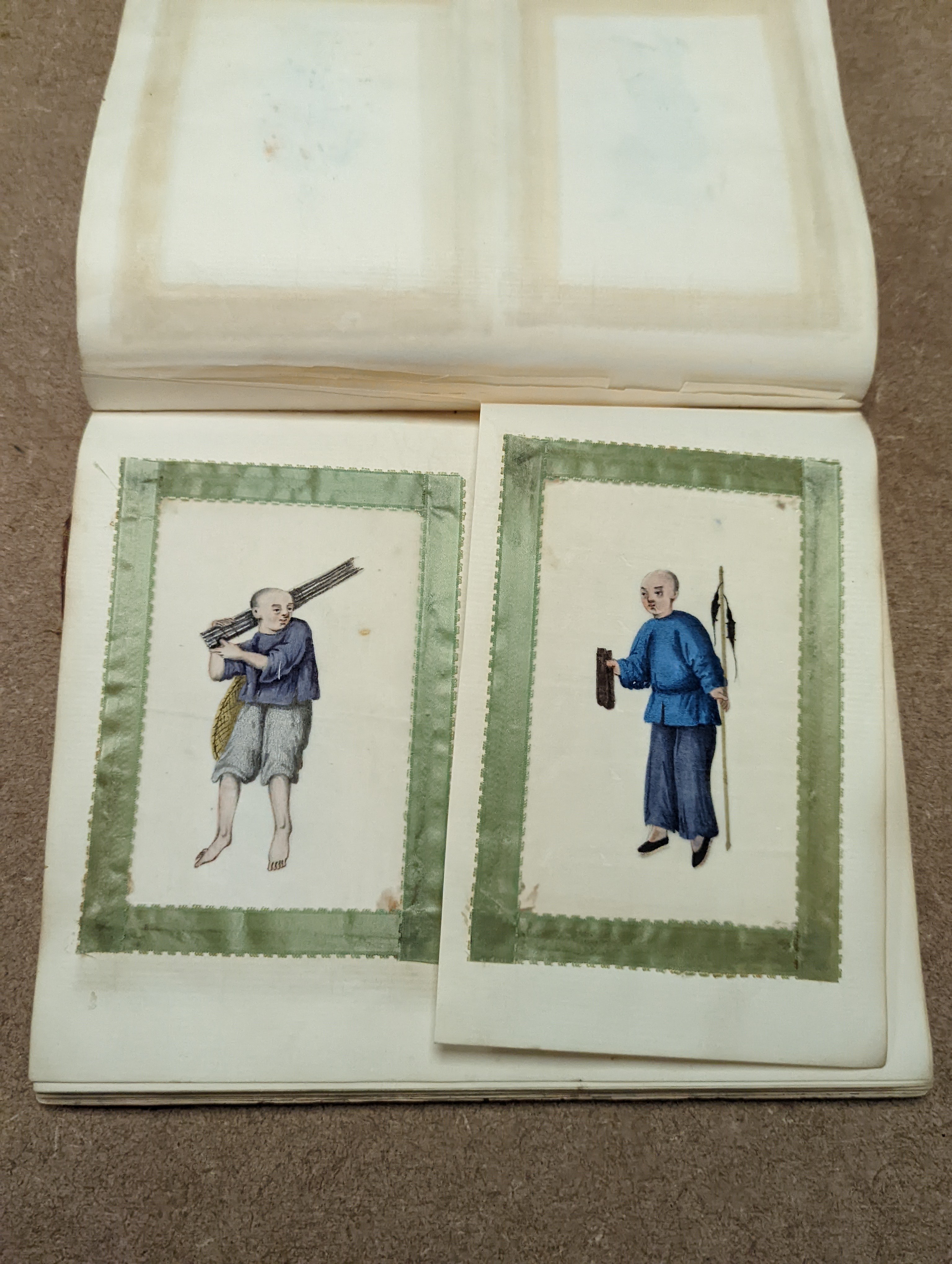 Three albums of assorted 19th century Chinese pith paintings of trades, mandarin figures and boats
